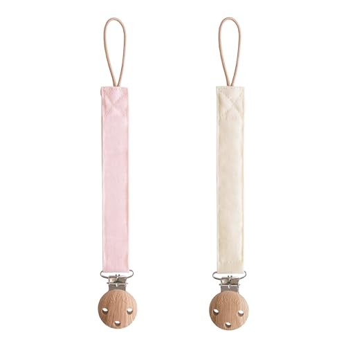 Mushie Linen Baby Pacifier Clip Holder 2-Pack (Blush/Cream)