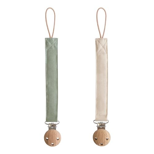 Mushie Linen Baby Pacifier Clip Holder 2-Pack (Olive/Shifting Sand) 