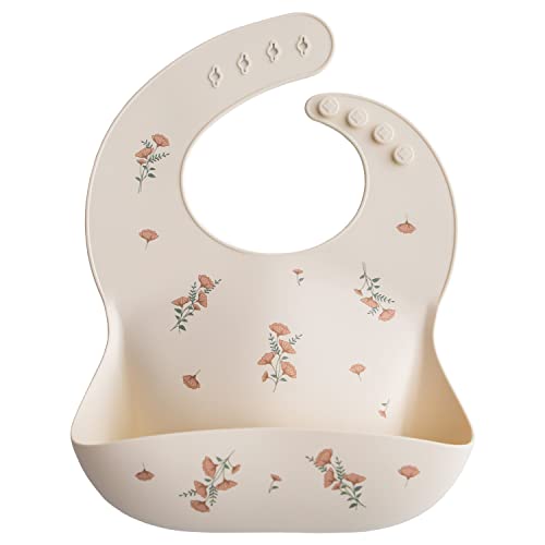Mushie Silicone Baby Bib | Adjustable Fit Waterproof Bibs (Pink Flowers)